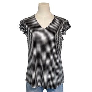 Adrianna Papell Black & White Gingham Ruffle Sleeve Blouse | V-Neck | Size S